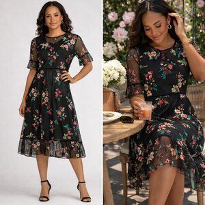 NEW Kiyonna Wildflower Embroidered Mesh Dress Black Floral 3X Plus